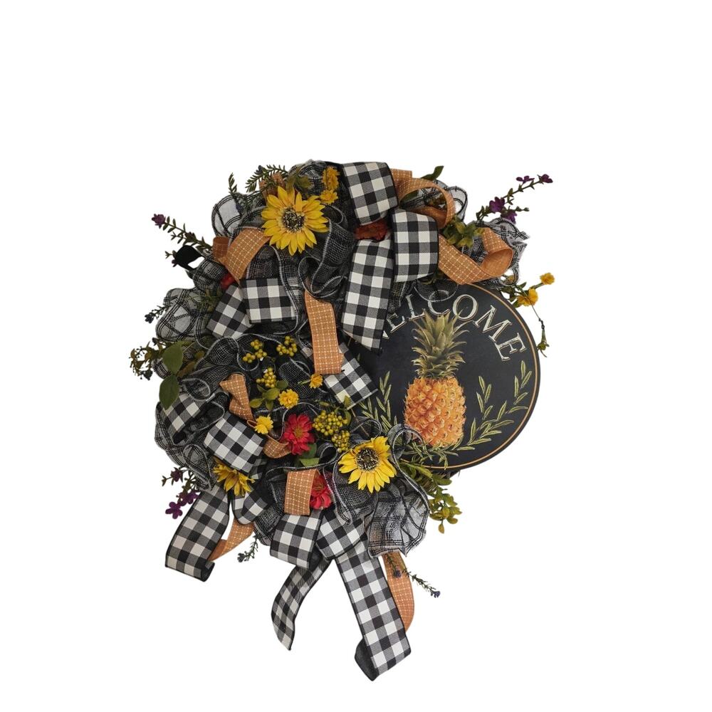 25" Handmade Wreath Pineapple Welcome Black White Checks Sunflowers Autumn Fall